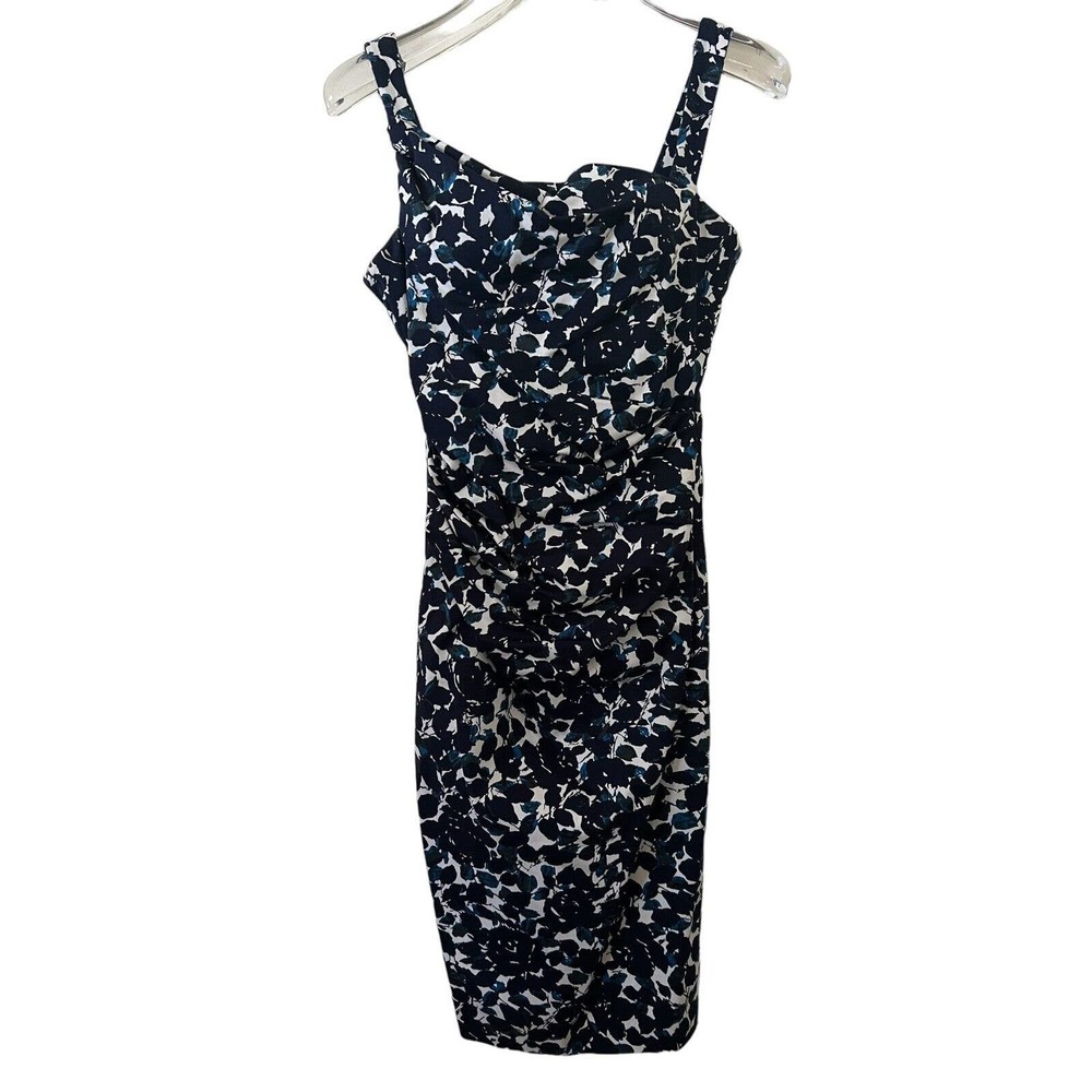 🌵 Maggy London Blue Floral Sleeveless Ruched Bodycon Dress Below Knee - 10